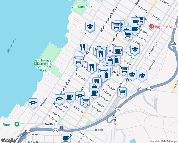 map of restaurants, bars, coffee shops, grocery stores, and more near 66 West 18th Street in Bayonne