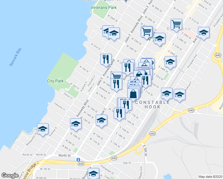 map of restaurants, bars, coffee shops, grocery stores, and more near 66 West 18th Street in Bayonne