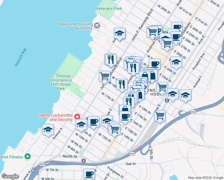 map of restaurants, bars, coffee shops, grocery stores, and more near 66 West 18th Street in Bayonne