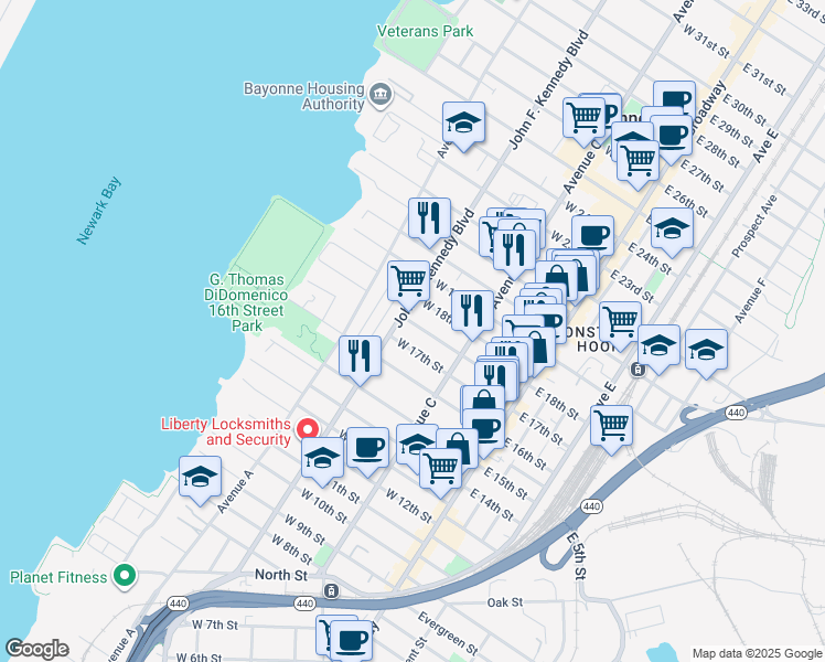 map of restaurants, bars, coffee shops, grocery stores, and more near 94 Andrew Street in Bayonne