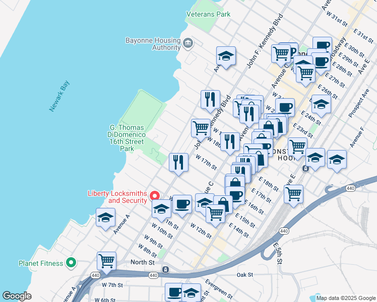 map of restaurants, bars, coffee shops, grocery stores, and more near 453 John F. Kennedy Boulevard in Bayonne