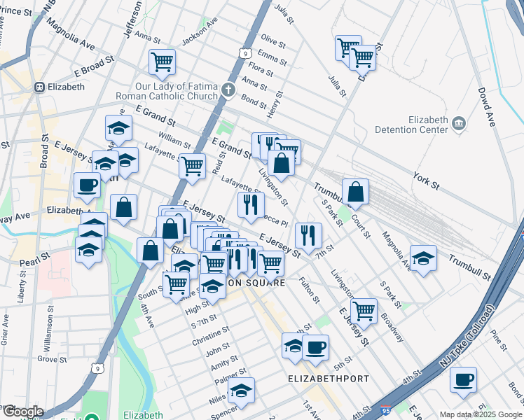 map of restaurants, bars, coffee shops, grocery stores, and more near 857 Rebecca Place in Elizabeth