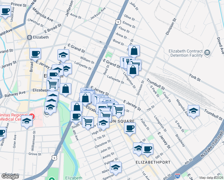 map of restaurants, bars, coffee shops, grocery stores, and more near 899 East Jersey Street in Elizabeth