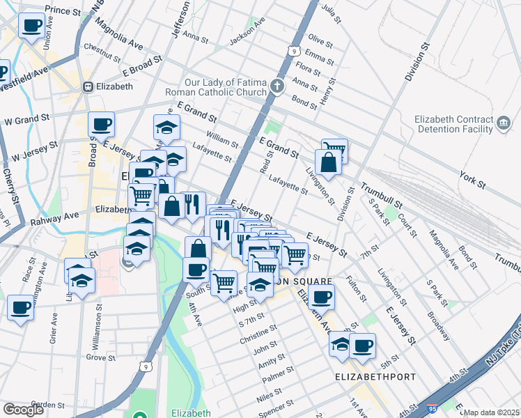 map of restaurants, bars, coffee shops, grocery stores, and more near 924 East Jersey Street in Elizabeth