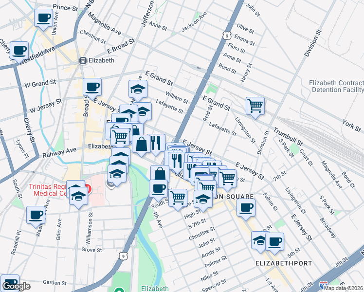 map of restaurants, bars, coffee shops, grocery stores, and more near in Elizabeth