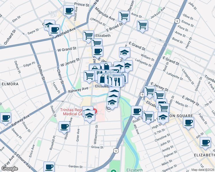 map of restaurants, bars, coffee shops, grocery stores, and more near 1120 Elizabeth Avenue in Elizabeth