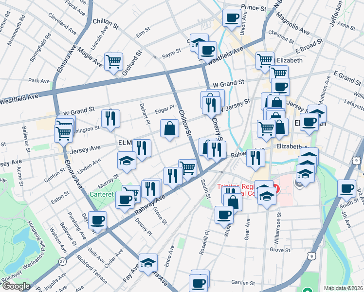 map of restaurants, bars, coffee shops, grocery stores, and more near 218 Murray Street in Elizabeth