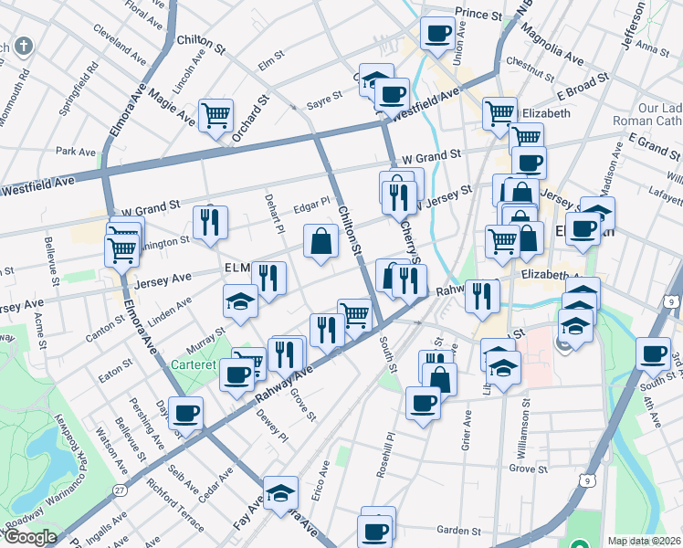 map of restaurants, bars, coffee shops, grocery stores, and more near 218 Murray Street in Elizabeth