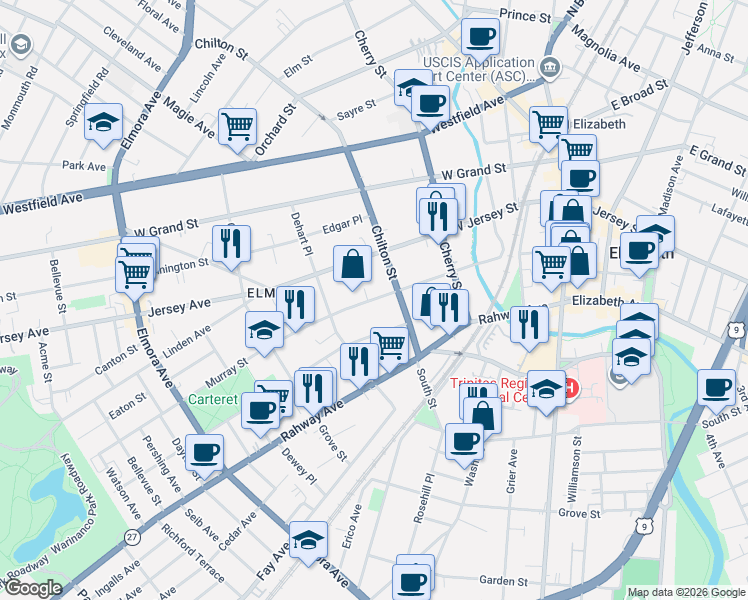 map of restaurants, bars, coffee shops, grocery stores, and more near 218 Murray Street in Elizabeth