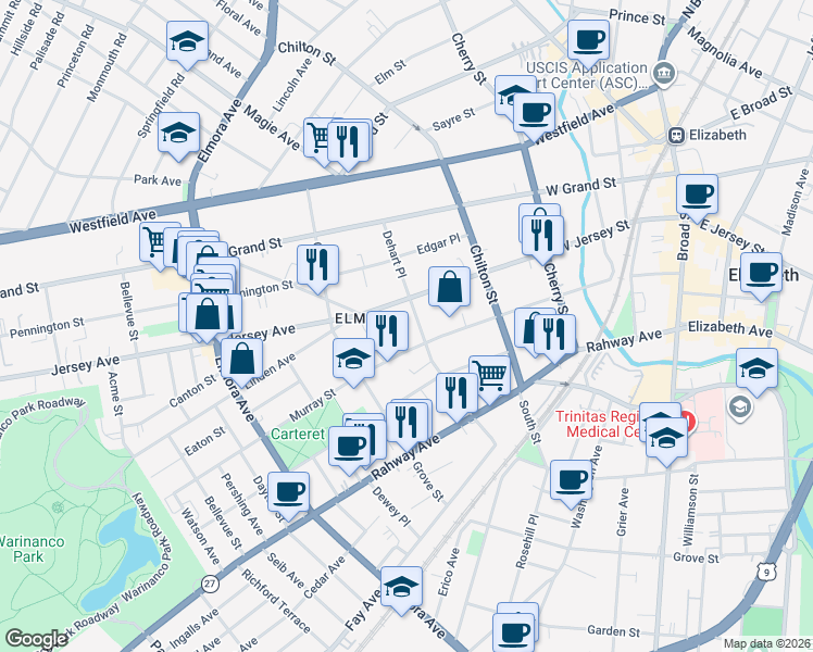 map of restaurants, bars, coffee shops, grocery stores, and more near 70-72 Dehart Place in Elizabeth