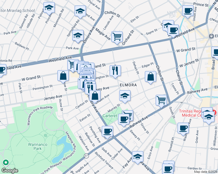 map of restaurants, bars, coffee shops, grocery stores, and more near 440 Jersey Avenue in Elizabeth