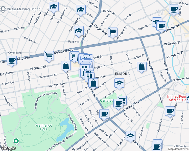 map of restaurants, bars, coffee shops, grocery stores, and more near 519 Jersey Avenue in Elizabeth