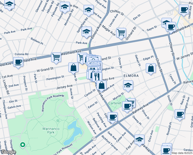 map of restaurants, bars, coffee shops, grocery stores, and more near in Elizabeth