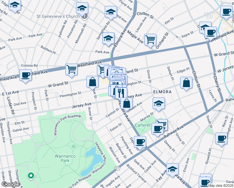 map of restaurants, bars, coffee shops, grocery stores, and more near in Elizabeth