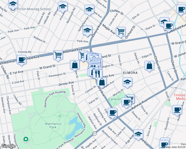 map of restaurants, bars, coffee shops, grocery stores, and more near in Elizabeth