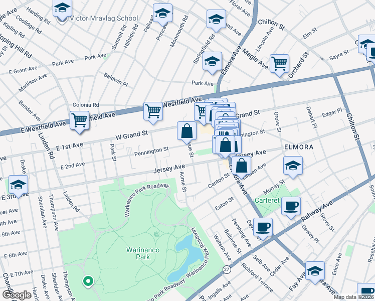 map of restaurants, bars, coffee shops, grocery stores, and more near 171 Bellevue Street in Elizabeth