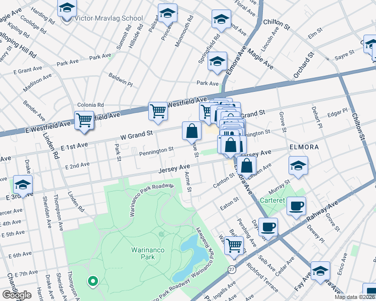 map of restaurants, bars, coffee shops, grocery stores, and more near 828 Pennington Street in Elizabeth