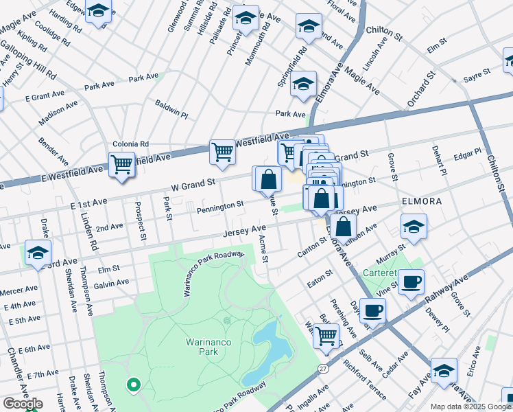 map of restaurants, bars, coffee shops, grocery stores, and more near 828 Pennington Street in Elizabeth