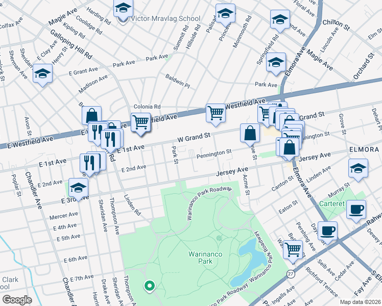 map of restaurants, bars, coffee shops, grocery stores, and more near 819 East 2nd Avenue in Roselle
