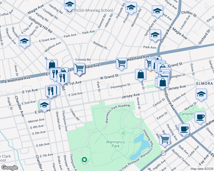 map of restaurants, bars, coffee shops, grocery stores, and more near 819 East 2nd Avenue in Roselle
