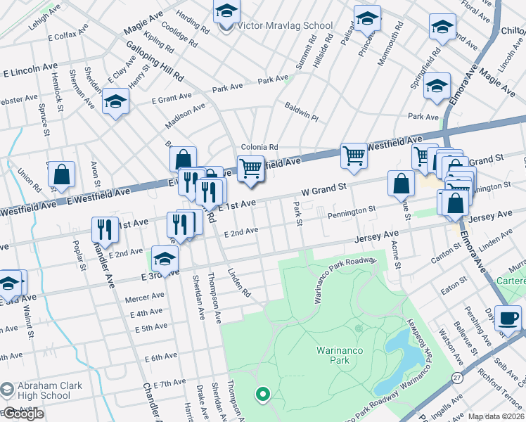 map of restaurants, bars, coffee shops, grocery stores, and more near 114 Prospect Street in Roselle