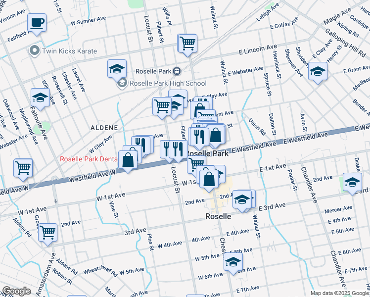 map of restaurants, bars, coffee shops, grocery stores, and more near 111 Locust Street in Roselle Park