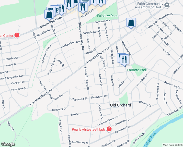 map of restaurants, bars, coffee shops, grocery stores, and more near 1 Juniper Avenue in Easton