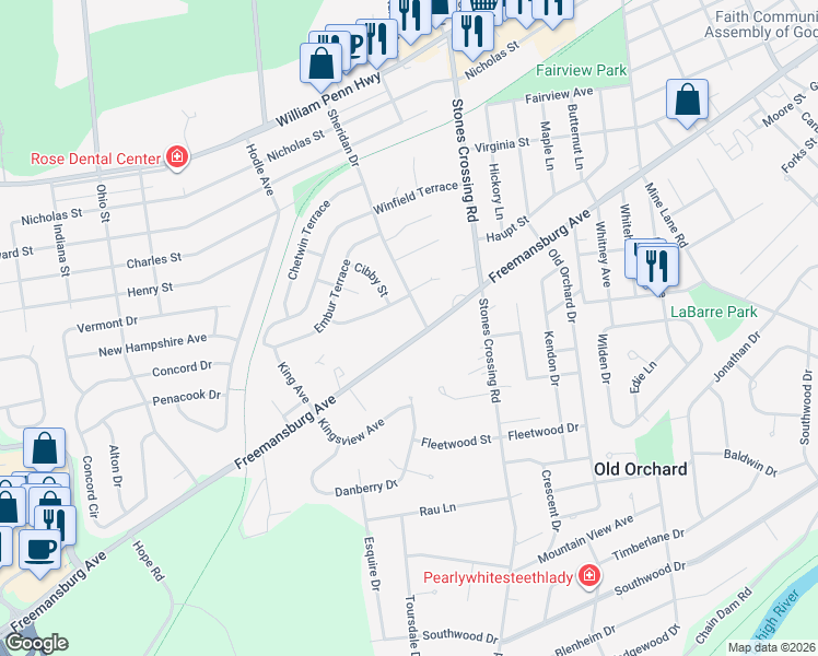 map of restaurants, bars, coffee shops, grocery stores, and more near 4011 Freemansburg Avenue in Easton