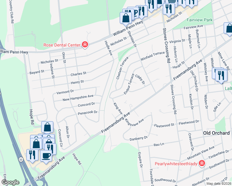 map of restaurants, bars, coffee shops, grocery stores, and more near 4341 Embur Terrace in Easton