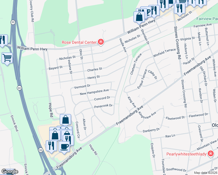 map of restaurants, bars, coffee shops, grocery stores, and more near 3605 New Hampshire Avenue in Easton