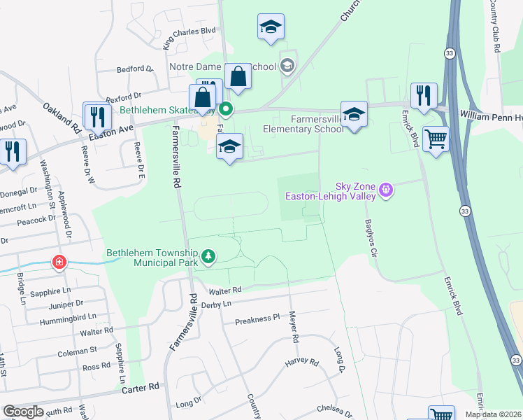 map of restaurants, bars, coffee shops, grocery stores, and more near 4550 Pheasant Run Court in Bethlehem