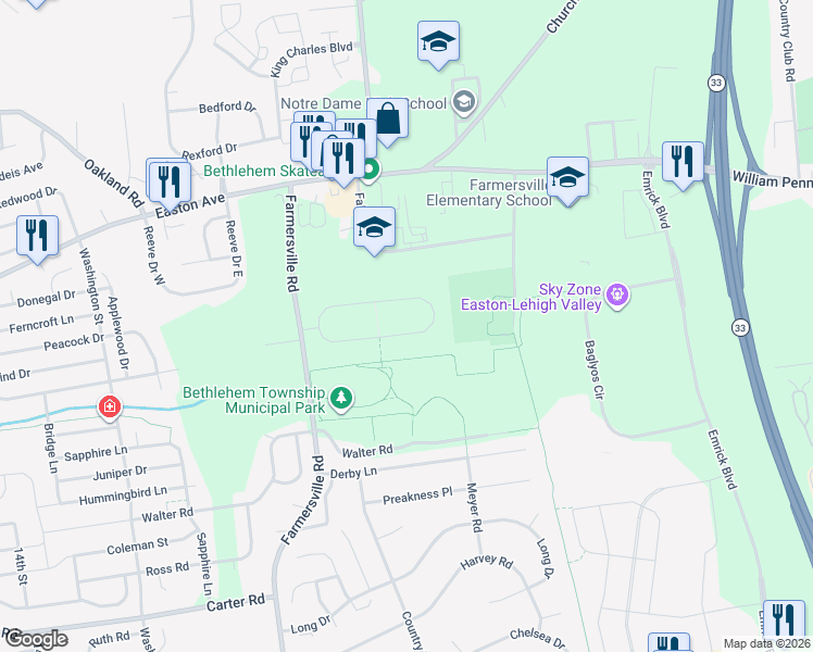 map of restaurants, bars, coffee shops, grocery stores, and more near 4495 Pheasant Run Court in Bethlehem