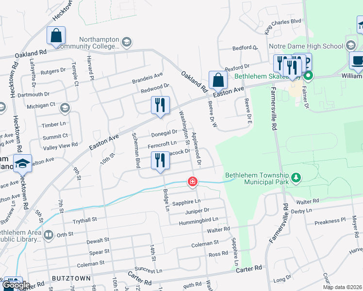 map of restaurants, bars, coffee shops, grocery stores, and more near 4101 Peacock Drive in Bethlehem