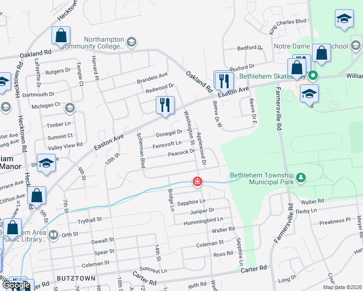 map of restaurants, bars, coffee shops, grocery stores, and more near 4101 Peacock Drive in Bethlehem