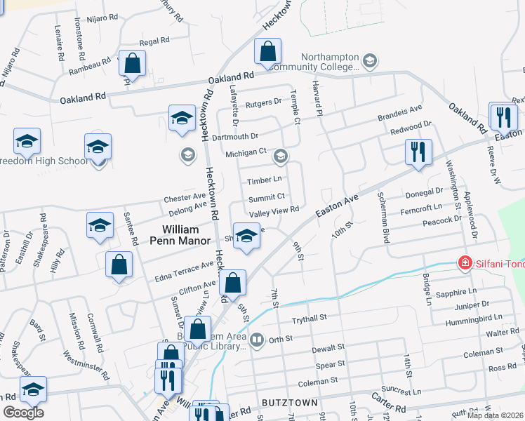 map of restaurants, bars, coffee shops, grocery stores, and more near 3304 Valley View Road in Bethlehem