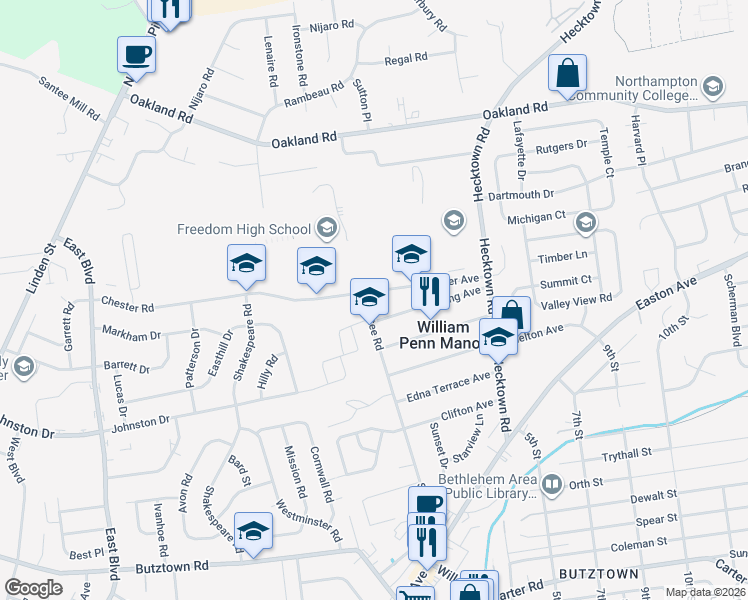 map of restaurants, bars, coffee shops, grocery stores, and more near 3250 Santee Road in Bethlehem