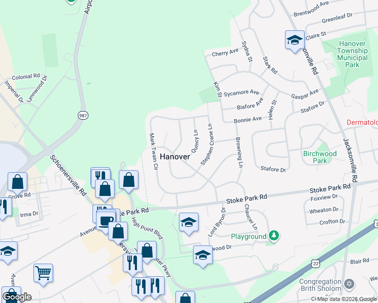 map of restaurants, bars, coffee shops, grocery stores, and more near 3555 Quincy Lane in Bethlehem