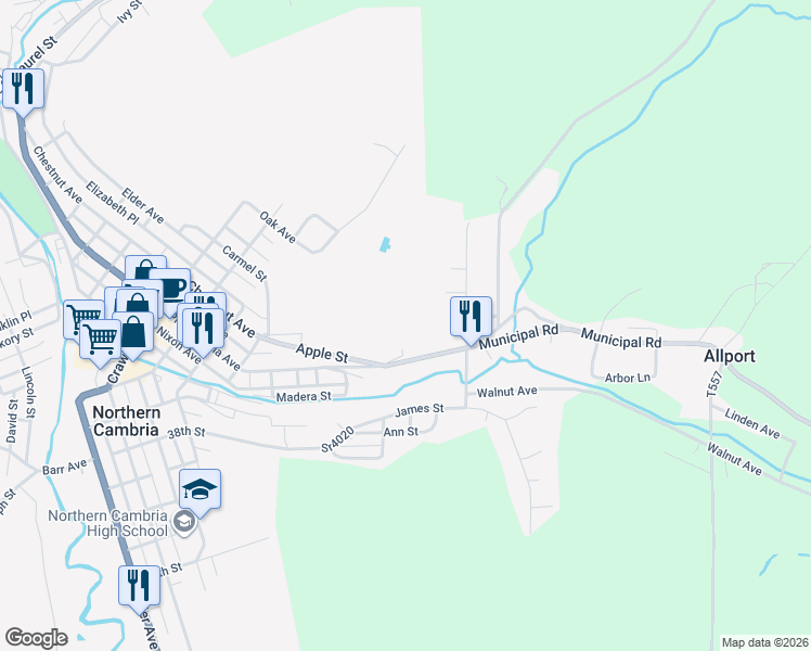 map of restaurants, bars, coffee shops, grocery stores, and more near 121 Philadelphia Avenue in Northern Cambria