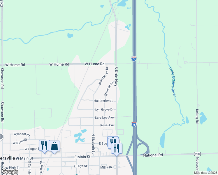 map of restaurants, bars, coffee shops, grocery stores, and more near 5135 Spencer Drive in Cridersville