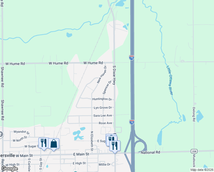 map of restaurants, bars, coffee shops, grocery stores, and more near 5135 Spencer Drive in Cridersville