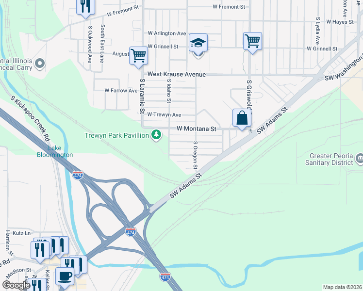 map of restaurants, bars, coffee shops, grocery stores, and more near 2814 West Wyoming Street in Peoria