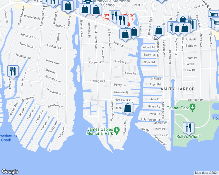 map of restaurants, bars, coffee shops, grocery stores, and more near 197 South Bayview Avenue in Amityville