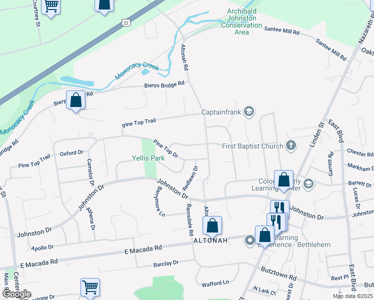 map of restaurants, bars, coffee shops, grocery stores, and more near 850 Laurel Dr in Bethlehem