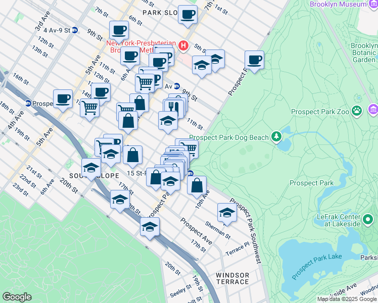 map of restaurants, bars, coffee shops, grocery stores, and more near 181 Prospect Park West in Brooklyn