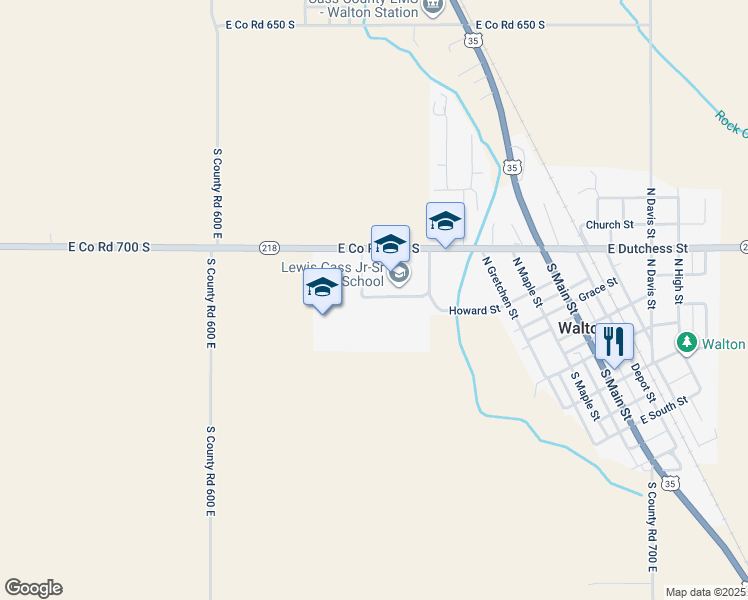 map of restaurants, bars, coffee shops, grocery stores, and more near 6422 Indiana 218 in Walton