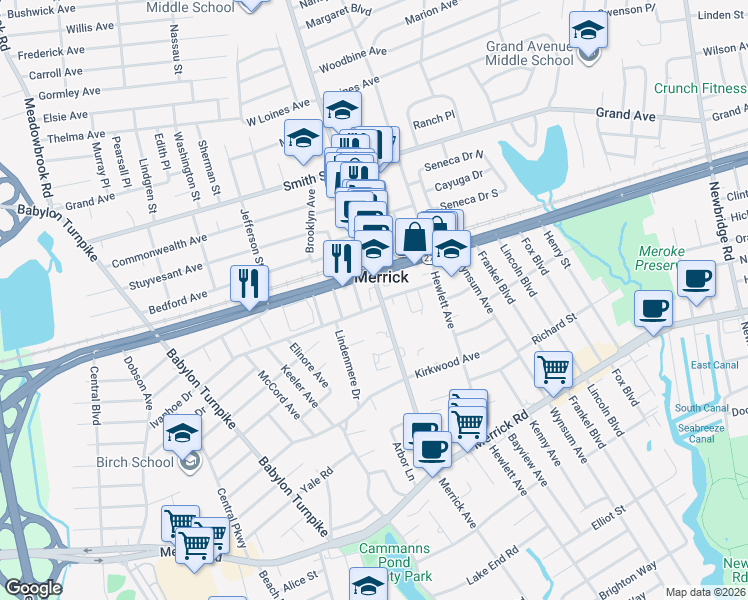map of restaurants, bars, coffee shops, grocery stores, and more near 7 York Place in Merrick