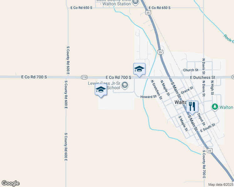 map of restaurants, bars, coffee shops, grocery stores, and more near 6422 Indiana 218 in Walton