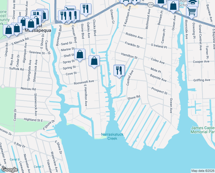 map of restaurants, bars, coffee shops, grocery stores, and more near 27 Delta Road in Massapequa