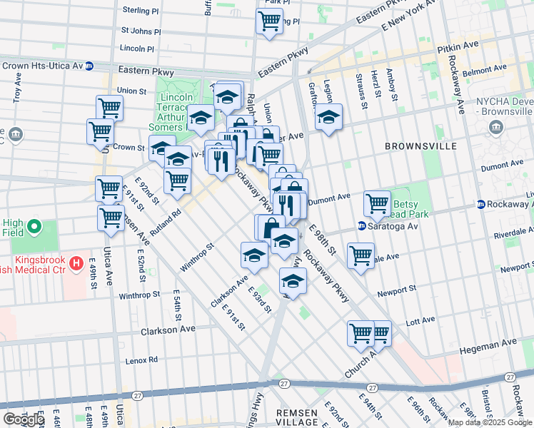 map of restaurants, bars, coffee shops, grocery stores, and more near 178 Rockaway Parkway in Brooklyn