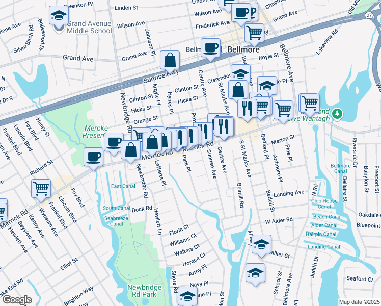 map of restaurants, bars, coffee shops, grocery stores, and more near 2548 Merrick Road in Bellmore